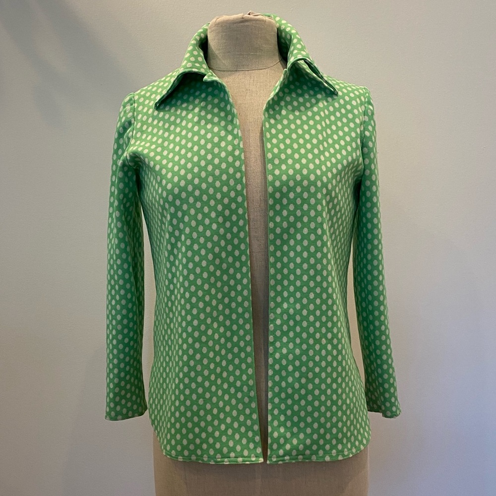 Vintage Womens Shirt / Lightweight Jacket No Buttons Line Green w Wht Polka Dots